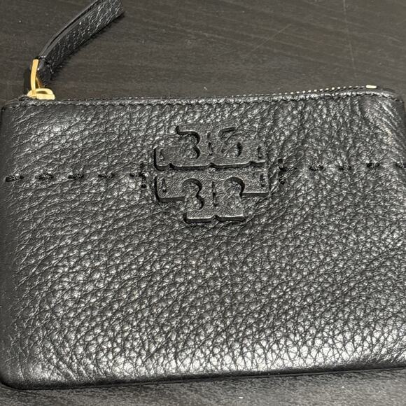 Tory Burch Black Pebbled Leather Card Case Key Ring Coin Pouch Wallet 3.5”x5.5” - Picture 2 of 8